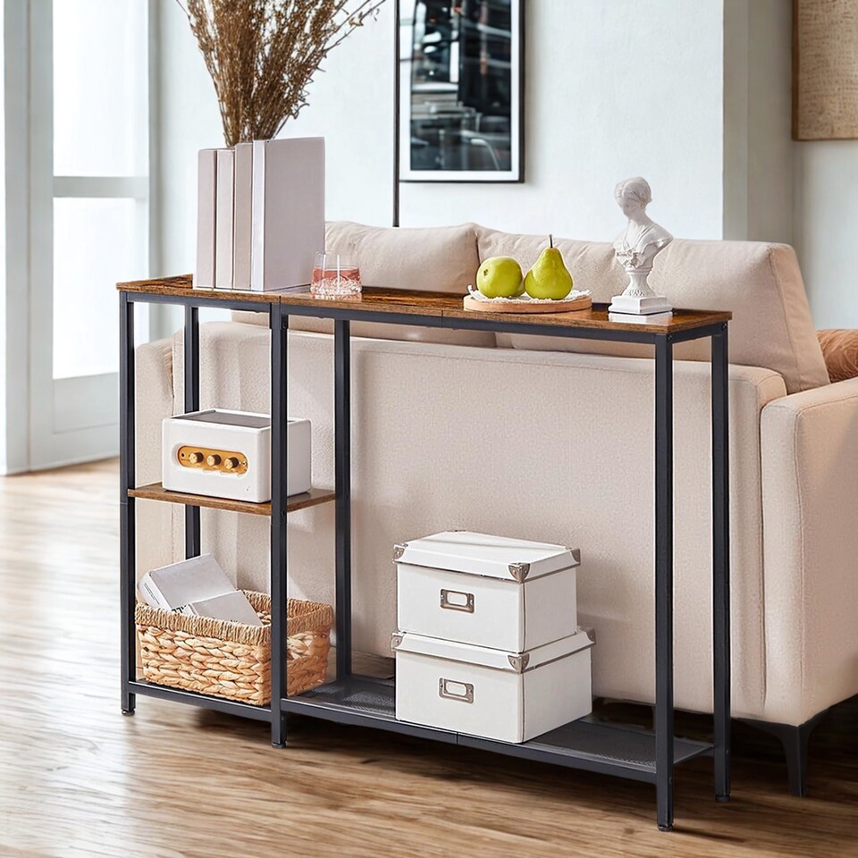image 1 of Industrial Slim Hallway Console Table With Storage Shelves
