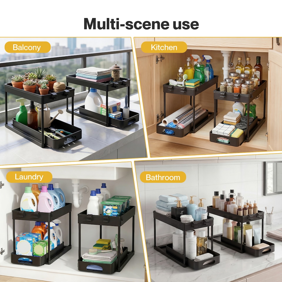 image 1 of Toque Under Sink Storage Kitchen Sliding Drawer Pull Out Organiser 2 Pack Black
