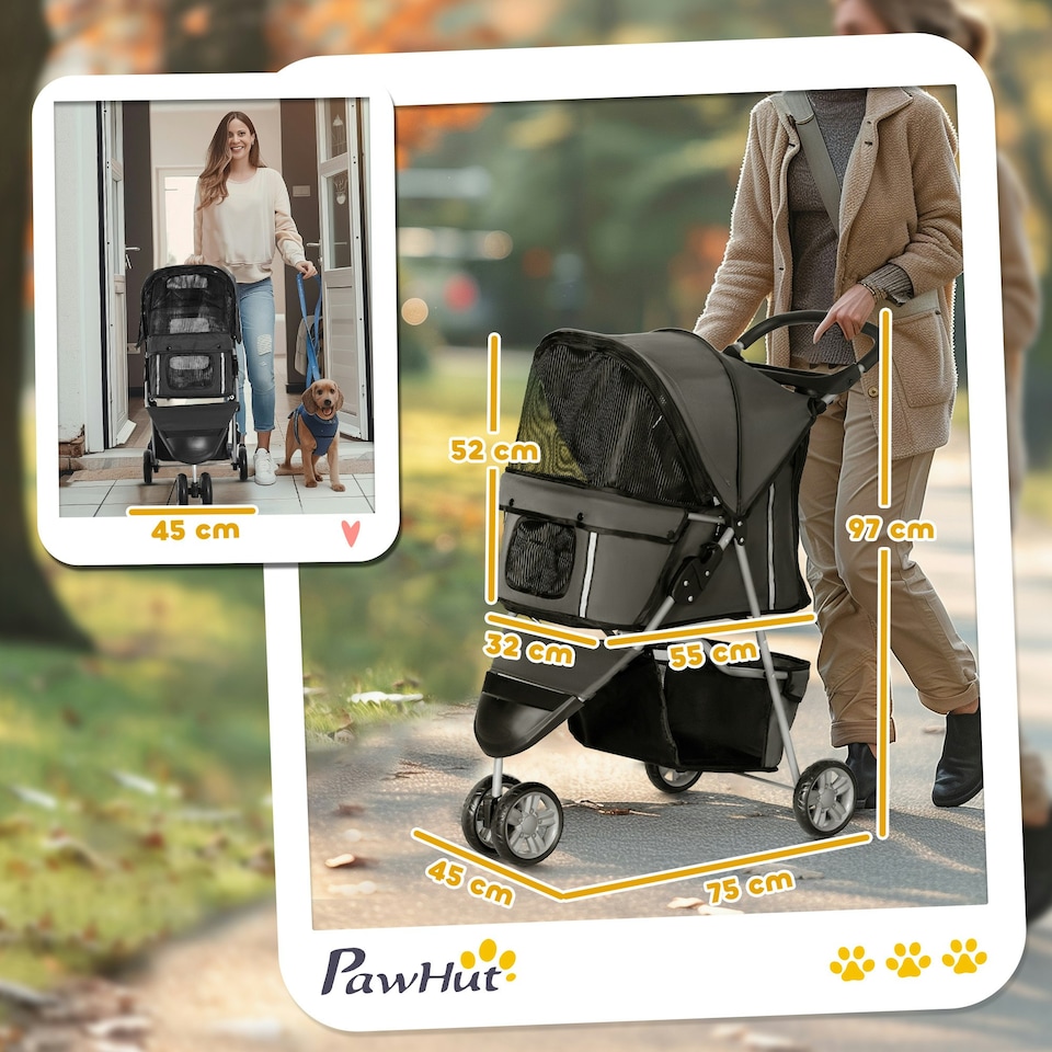 image 1 of PawHut Pet Stroller Pushchair Carrier for Cat Puppy with 3 Wheels Dark Grey