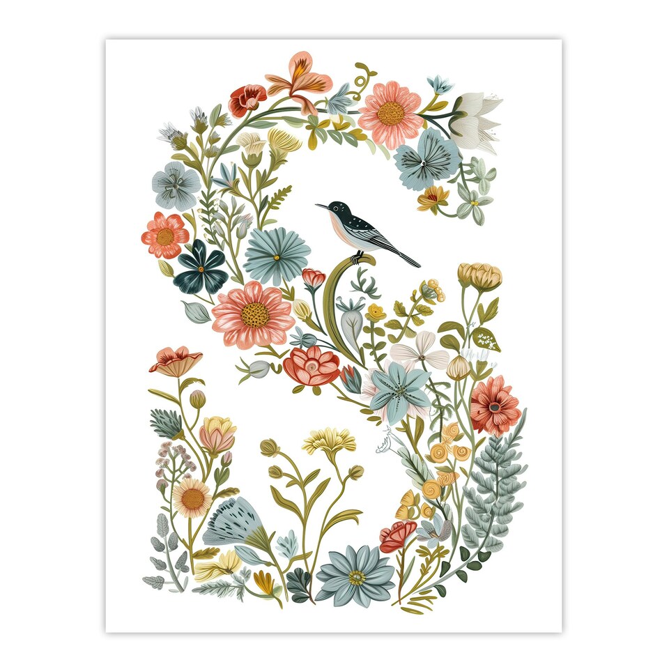 image 1 of Letter S Bird Elegant Floral Birthday Gift Mum Black Framed Wall Art Print A4