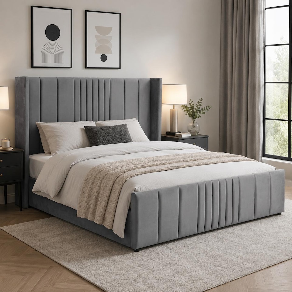 image 1 of Langford Velvet Upholstered Ottoman Storage Bed Frame Gas Lift  Single Double King Super King