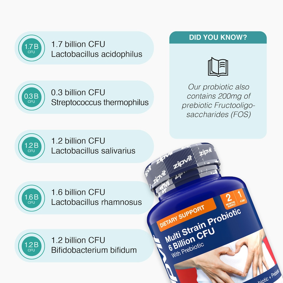 image 1 of Zipvit Multi-Strain Probiotic – 6 Billion CFU & Prebiotic, 60 Vegetarian Capsules, 2-Month Supply