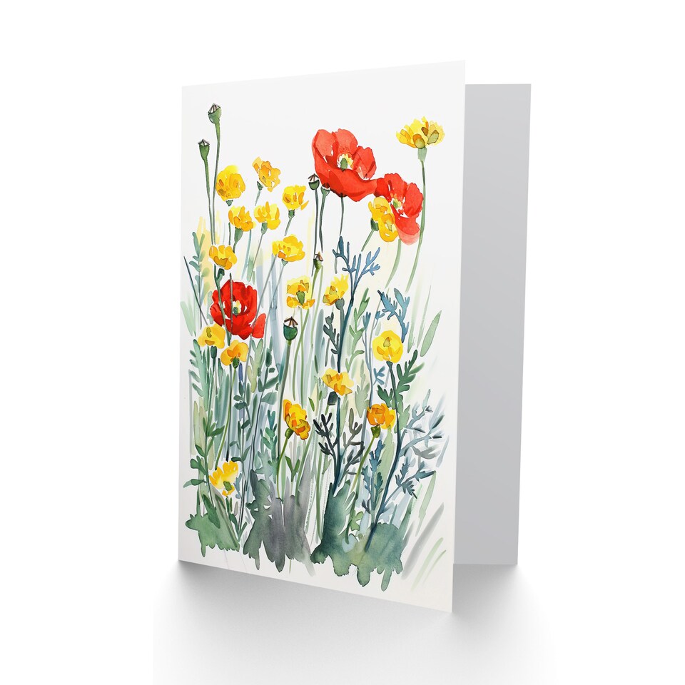 image 1 of Greeting Card Red Poppies and Yellow Marigolds Wildflower Field