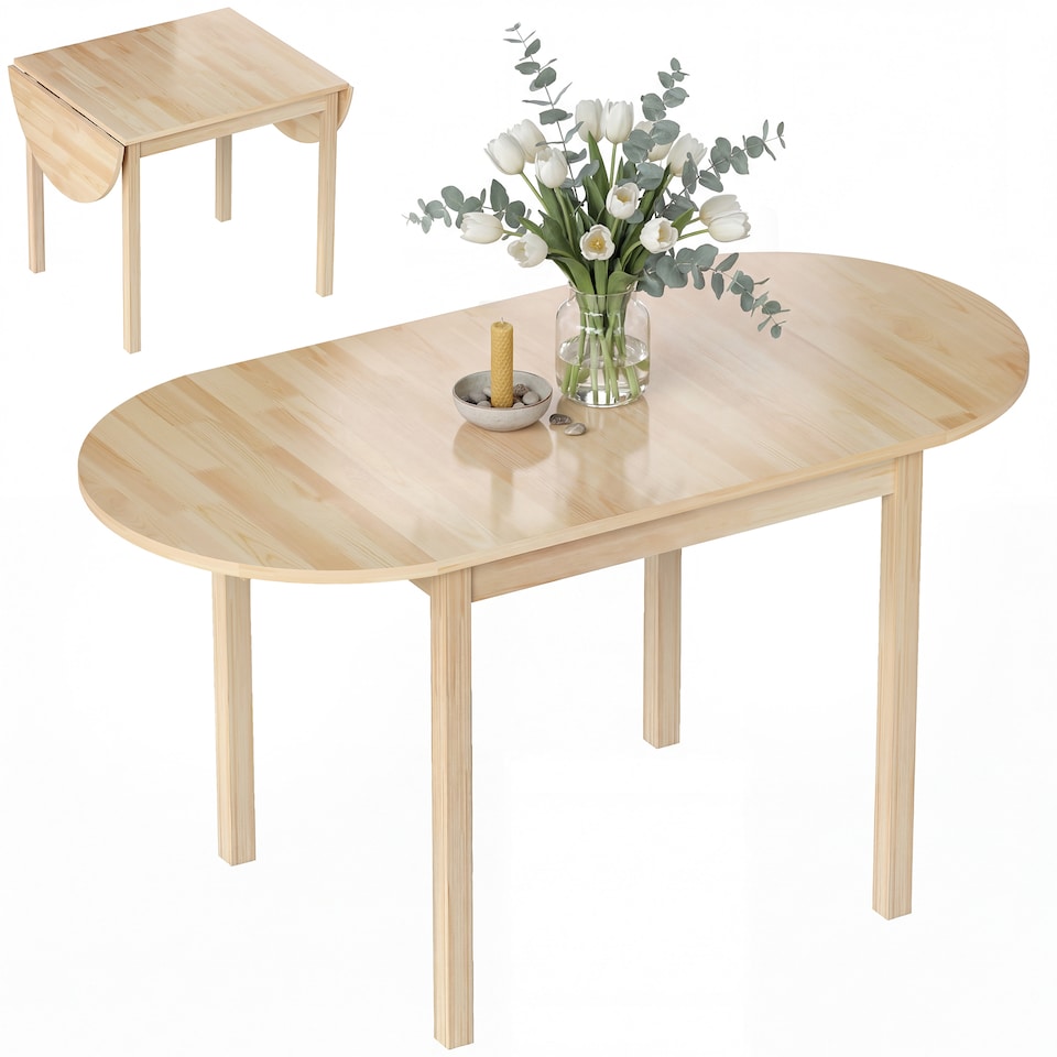 image 1 of HOMCOM Foldable Dining Table, Solid Wood Drop Leaf Table, Natural
