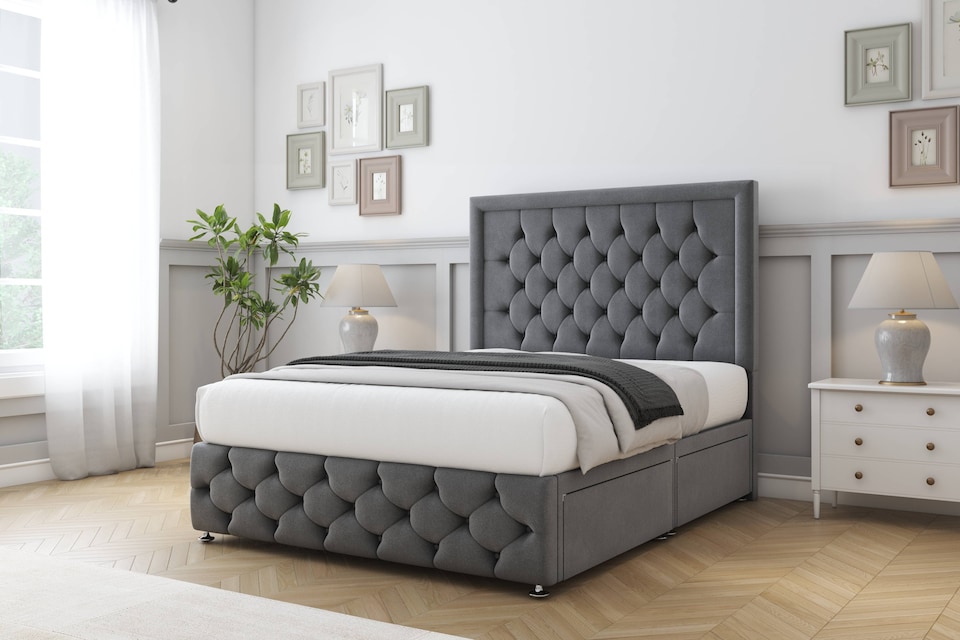 image 1 of Sloomy Vienna Armour Coniston Divan Bed Base 2 Drawers Foot-End With 54 Inch Floor Standing Headboard & 12 Inch Matching Footboard | Grey | Armour | King | 1