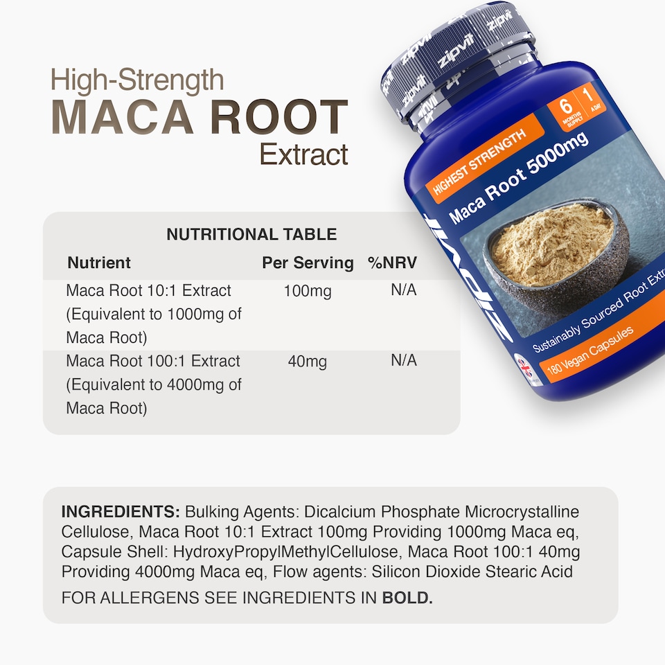 image 1 of Zipvit Maca Root 5000mg, Black & Yellow Blend, 180 Vegan Capsules, 6-Month Supply