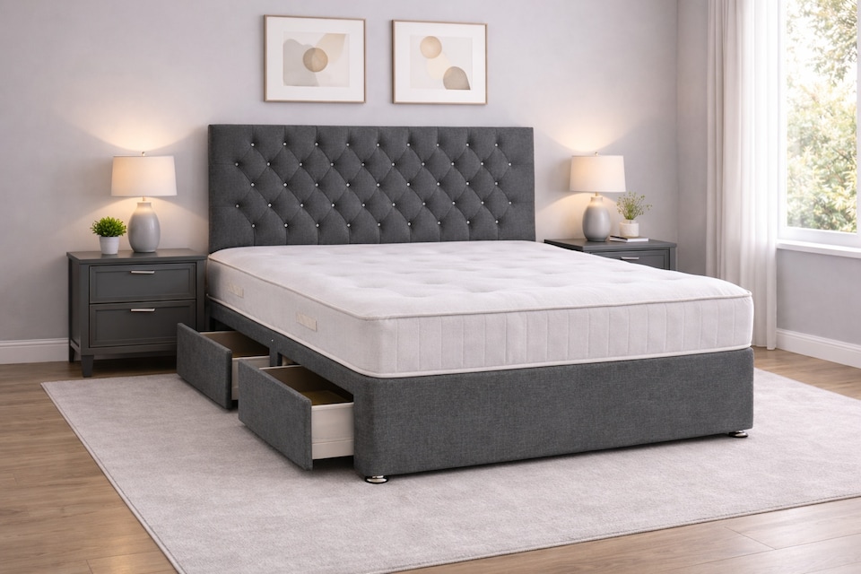 image 1 of 6FT Grey Linen Divan Bed With Headboard & Memory Sprung Mattress 2 Drawers One Each Side