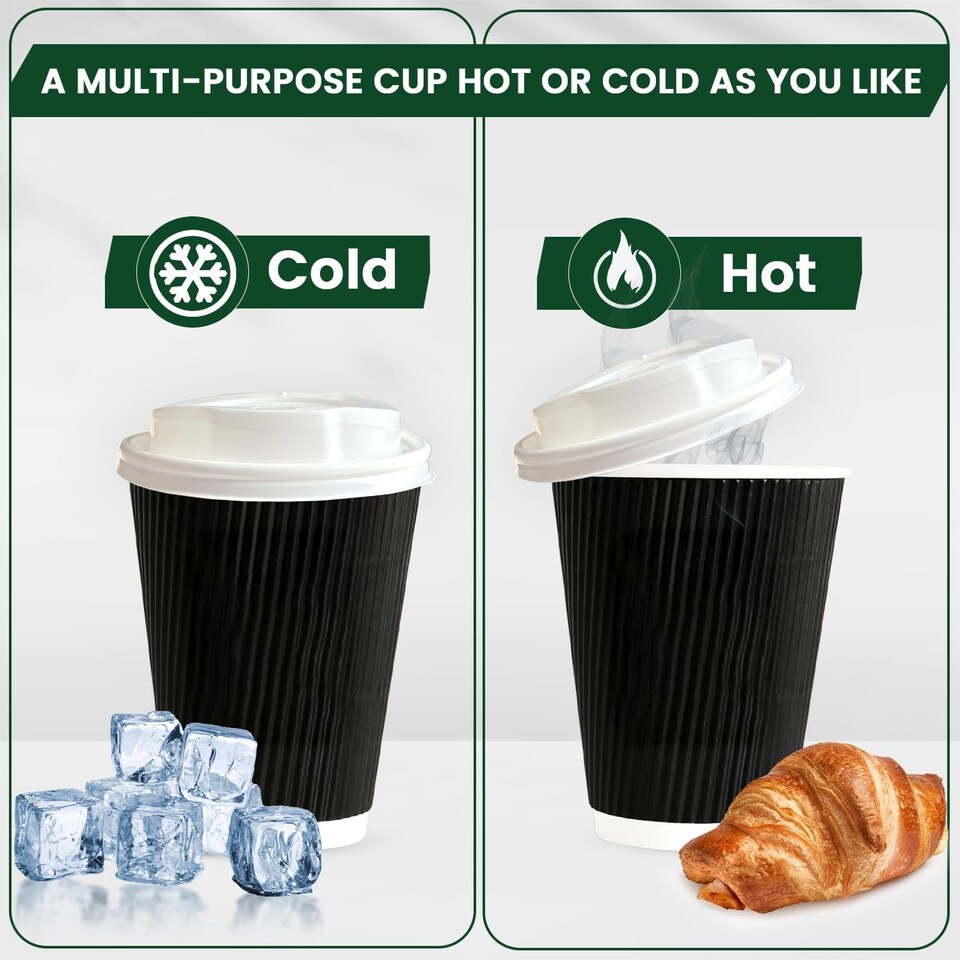 image 1 of ECONX 8oz Black Disposable Coffee Cups With White Lid Ripple Wall Paper Cups 50pcs