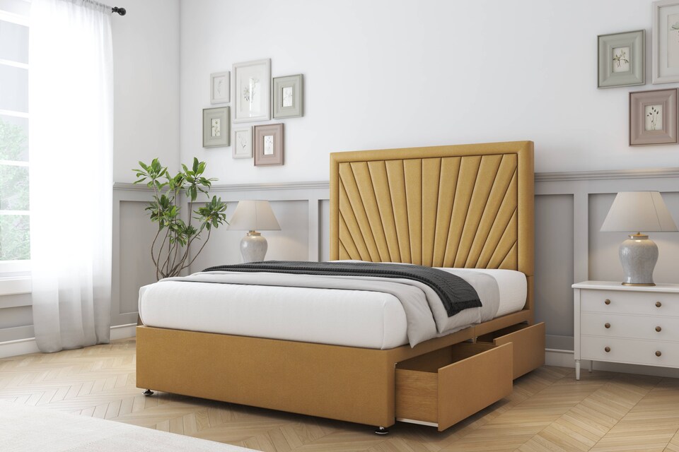 image 1 of Sloomy Somerset Mustard Plush Divan Bed Base 2 Drawers Same Side With 26 Inch Strutted Headboard | Gold | Mustard | Double | 1