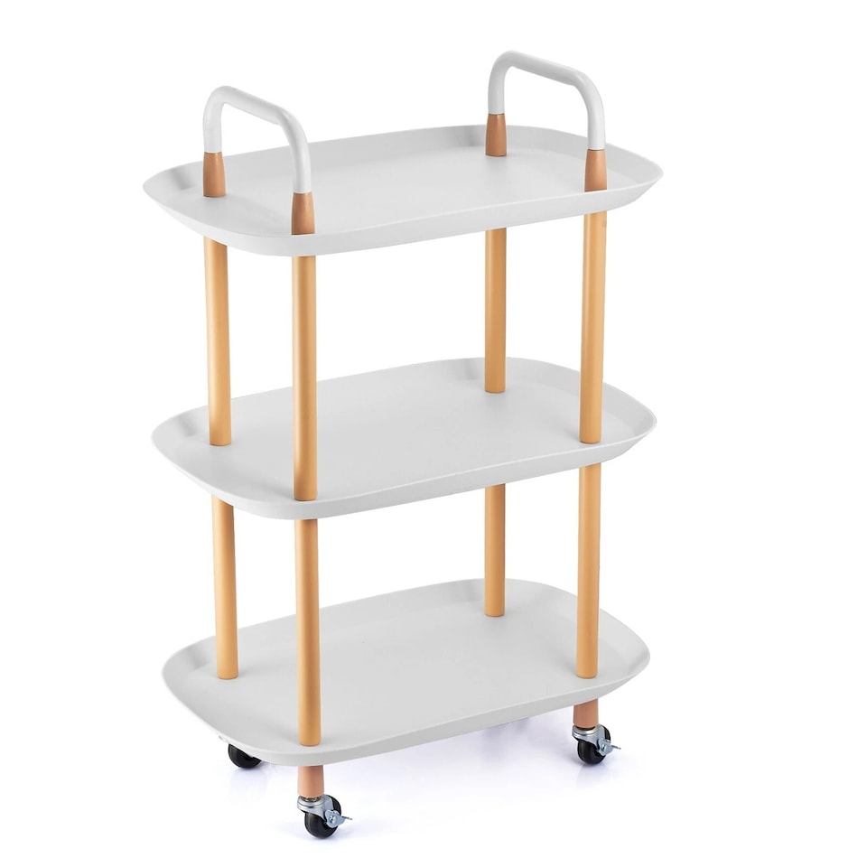 image 1 of 3 Tier Beech Wood & Plastic Serving Storage Trolley Food Drinks Cart on Wheels | White | White | 3 Tier | 1