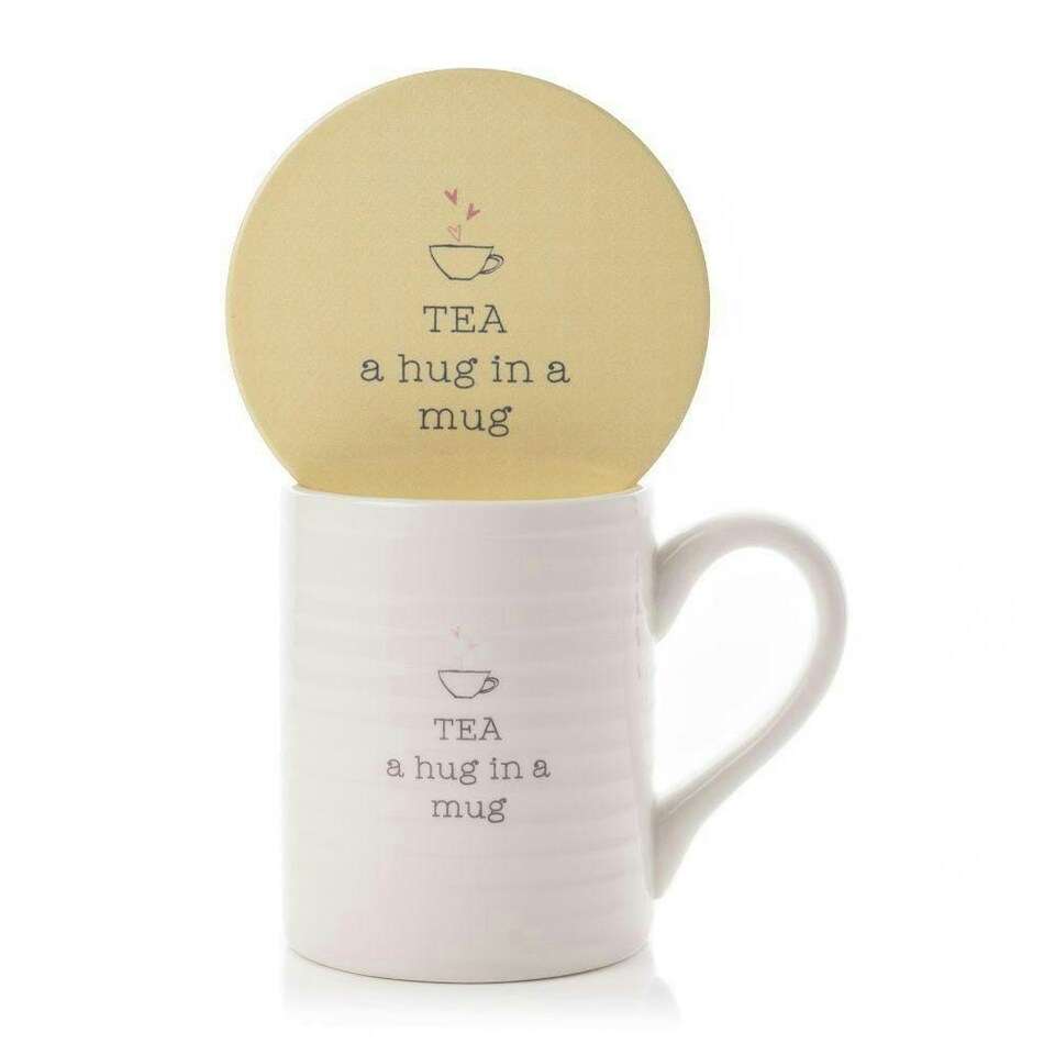 image 1 of Widdop Love Life Mug & Coaster Set - Tea Hug | Yellow | White | 2