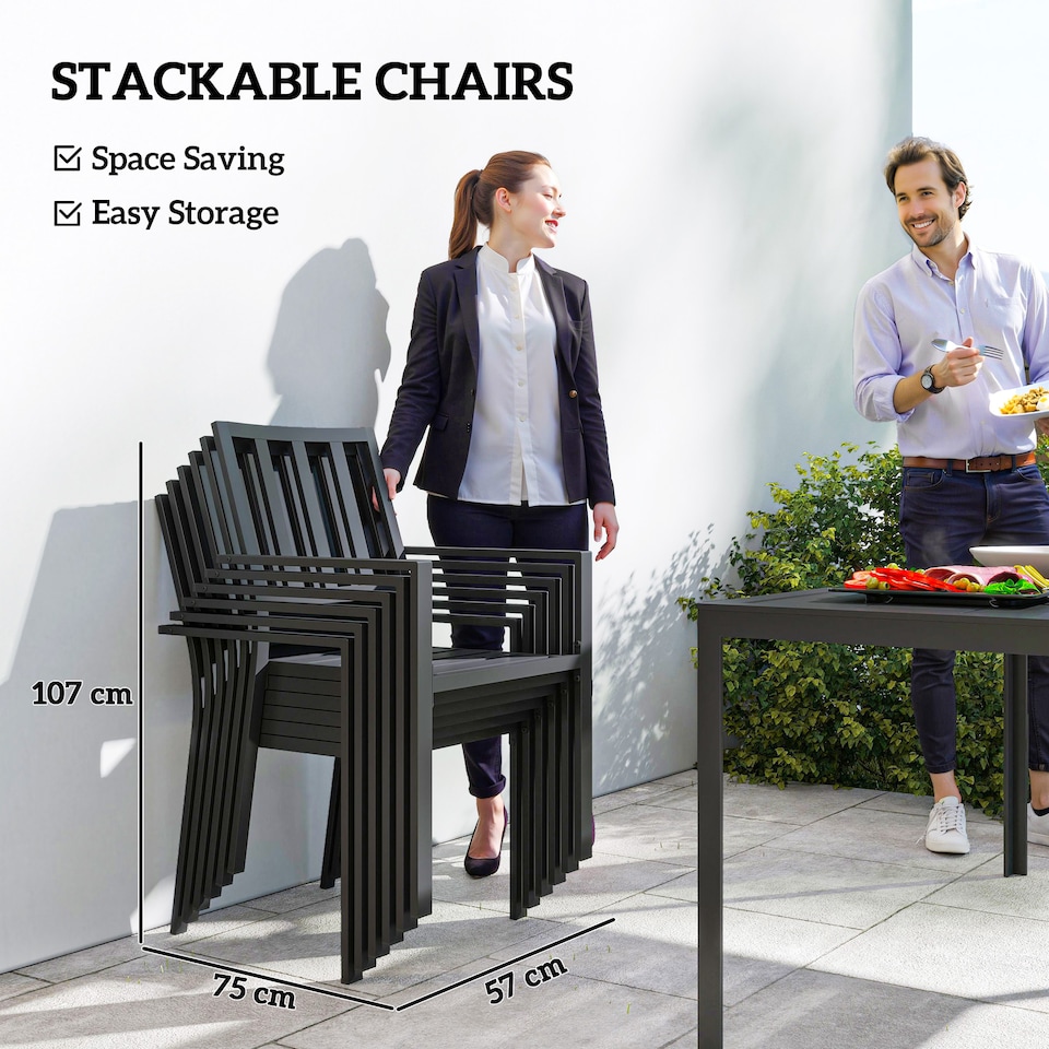 image 1 of Outsunny 7 PCs Garden Dining Set w/ Stackable Chairs and Metal Top Table, Black | Black