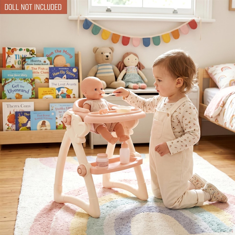 image 1 of BiBi Doll Baby Doll High Chair Feeding Set Nursery Toy Peach Cream Role Play Accessories