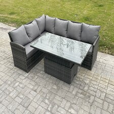 Fimous Wicker PE Outdoor Rattan Garden Furniture Set Height Adjustable Rising Lifting Table Sofa Dining Set with Dark Grey Mixed