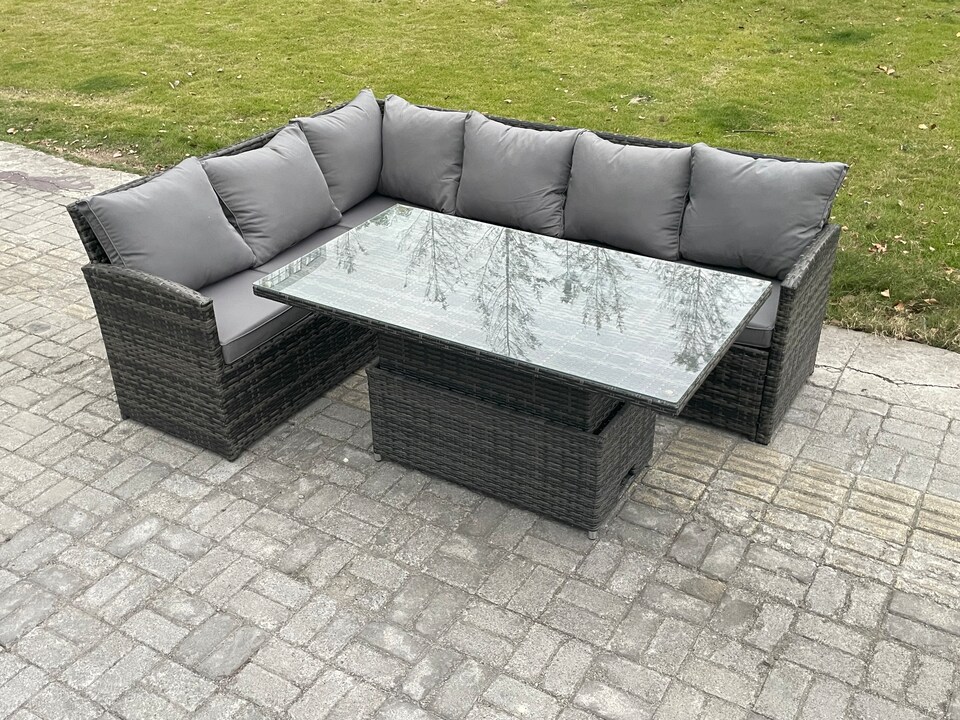 image 1 of Fimous Wicker PE Outdoor Rattan Garden Furniture Set Height Adjustable Rising Lifting Table Sofa Dining Set with Dark Grey Mixed
