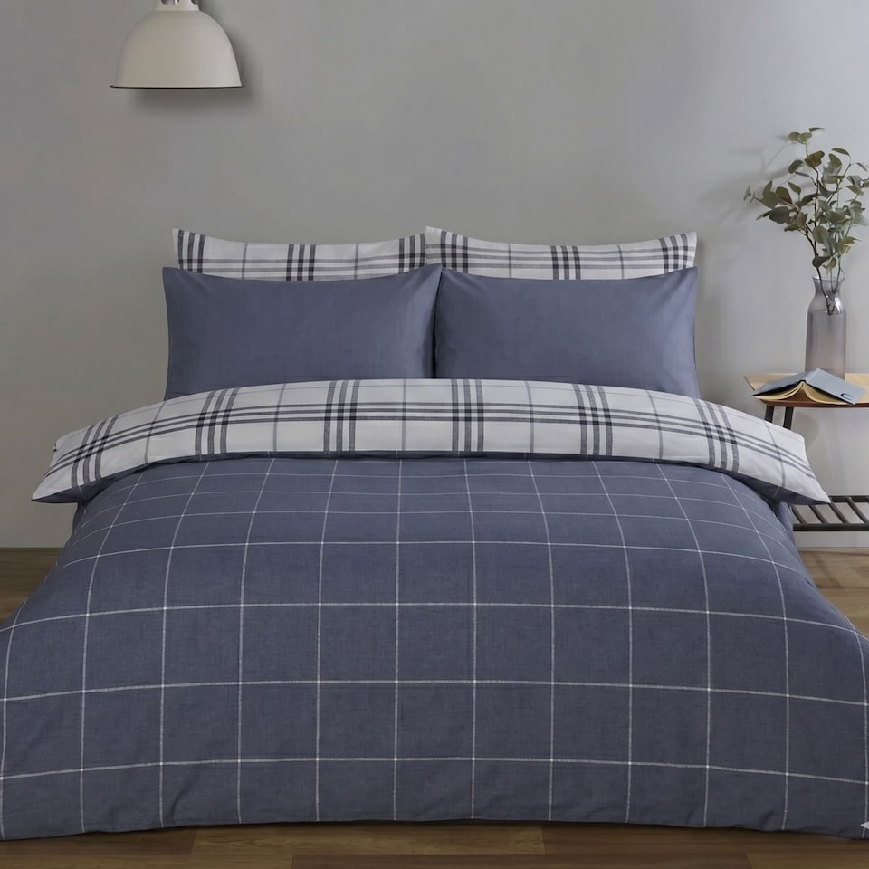 image 1 of Harris Check Polyester Duvet Cover Set with Pillowcase | Blue | Single | 1