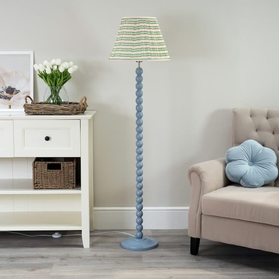 image 1 of ValueLights Bobbles Blue Bobbin Floor Lamp Pink Aztec Pleat Shade and Bulb