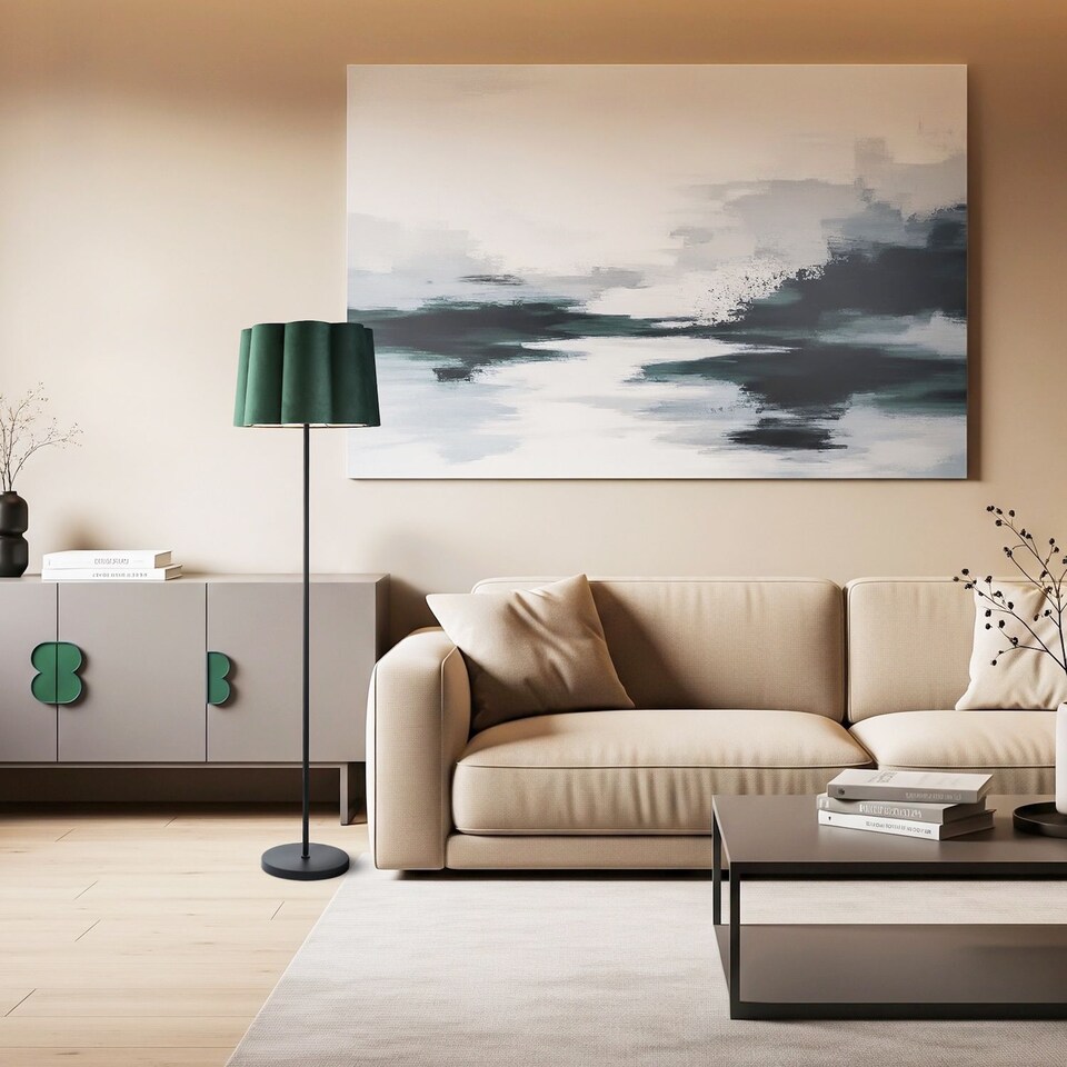 image 1 of Modern Matte Black Floor Lamp with Forest Green Velvet Scallop Shade