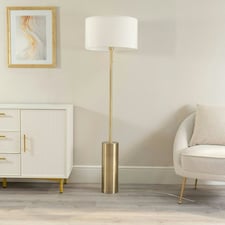 ValueLights Lexy White Fabric Drum Shade with Antique Brass Dimmable Floor Lamp with LED Bulb
