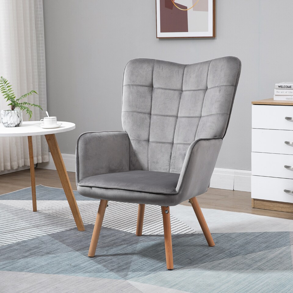 image 1 of HOMCOM Modern Accent Chair, Upholstered Tufted Wingback Armchair with Seat Padding, Velvet Leisure Lounge Bedroom Chair with Wood Legs, Grey