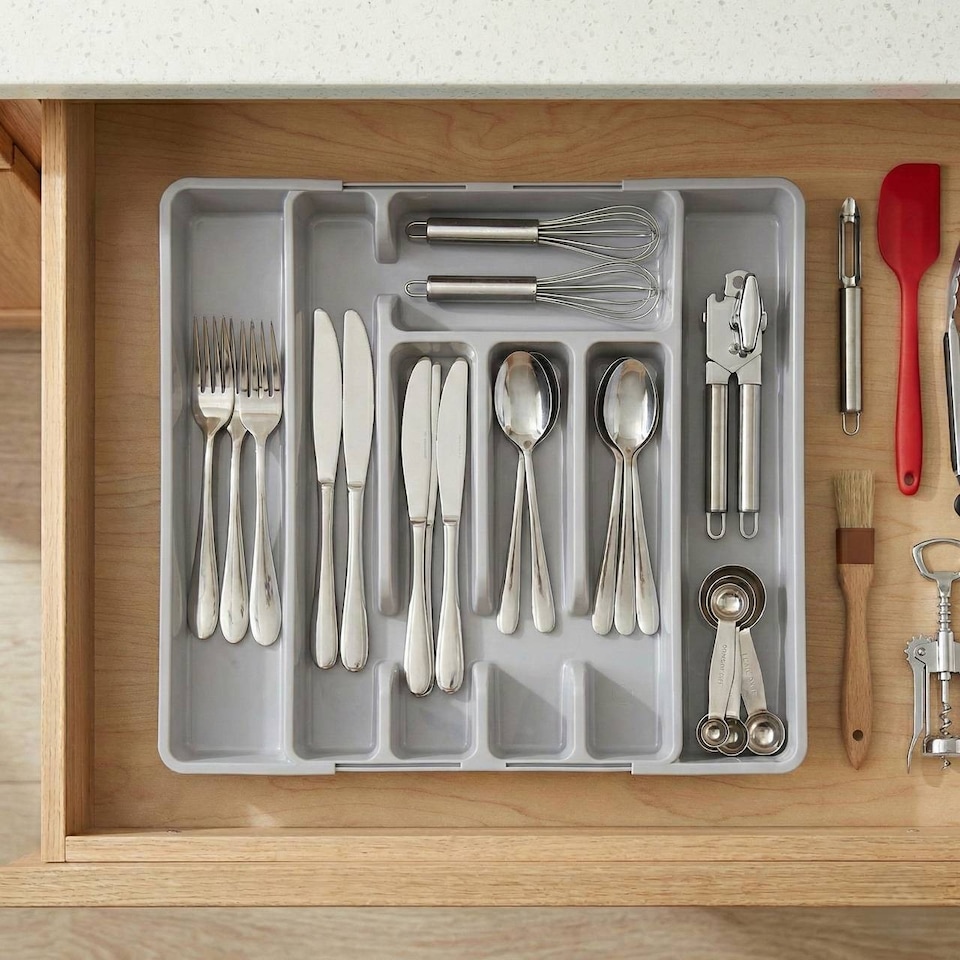 image 1 of 7-Section Extendable Plastic Cutlery Tray Organiser | Grey | 1