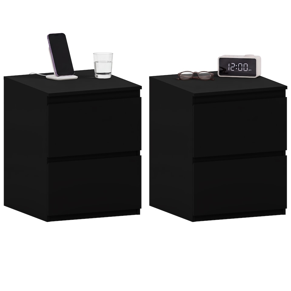 image 1 of Vida Designs Denver Large 2 Drawer Chest of Drawer Bedside Cabinet Nightstand Units Set of 2 - Black