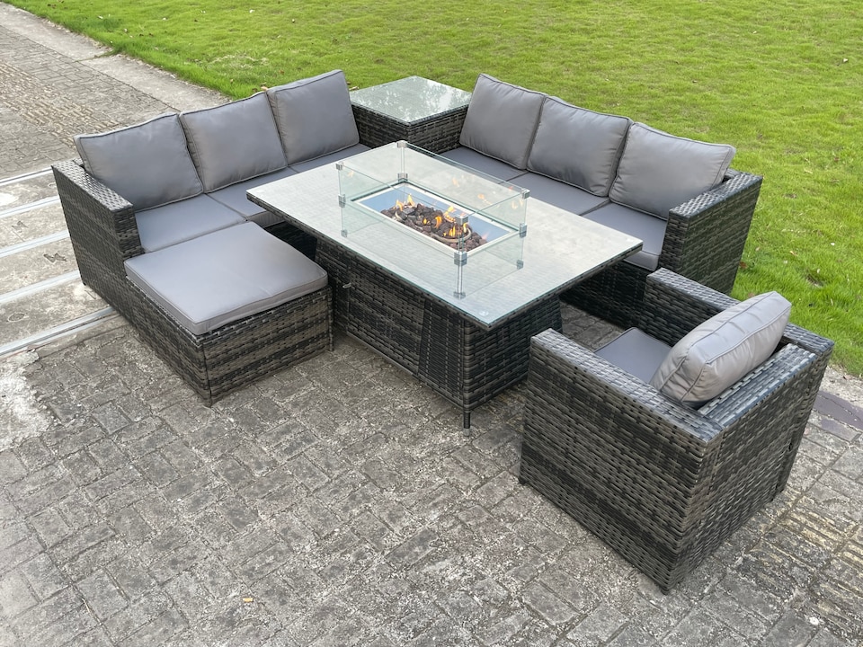 image 1 of Fimous Rattan Garden Corner Furniture Gas Fire Pit Table Dining Sets Gas Heater Lounge Chair Big Footstool Side Coffee Table
