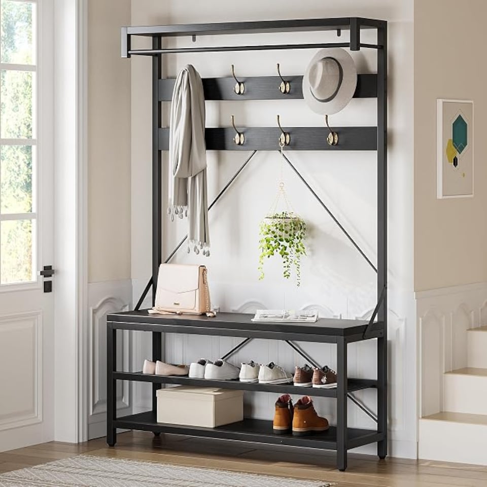 image 1 of London Boutique Hall Tree with Bench & 2-Tier Shoe Rack 102x40x183cm