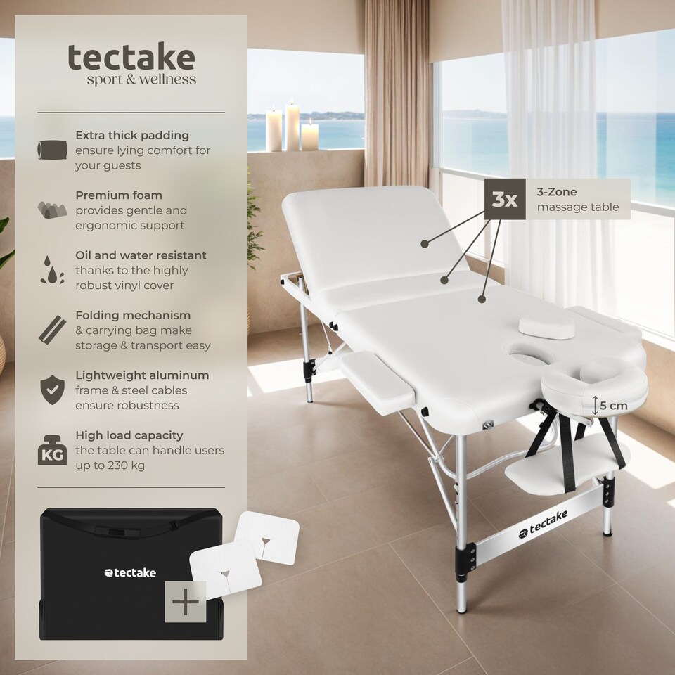 image 1 of Massage Table Ko Tao - 3 zones, 78cm wide, aluminium frame, folding, carry bag | White | white | 1