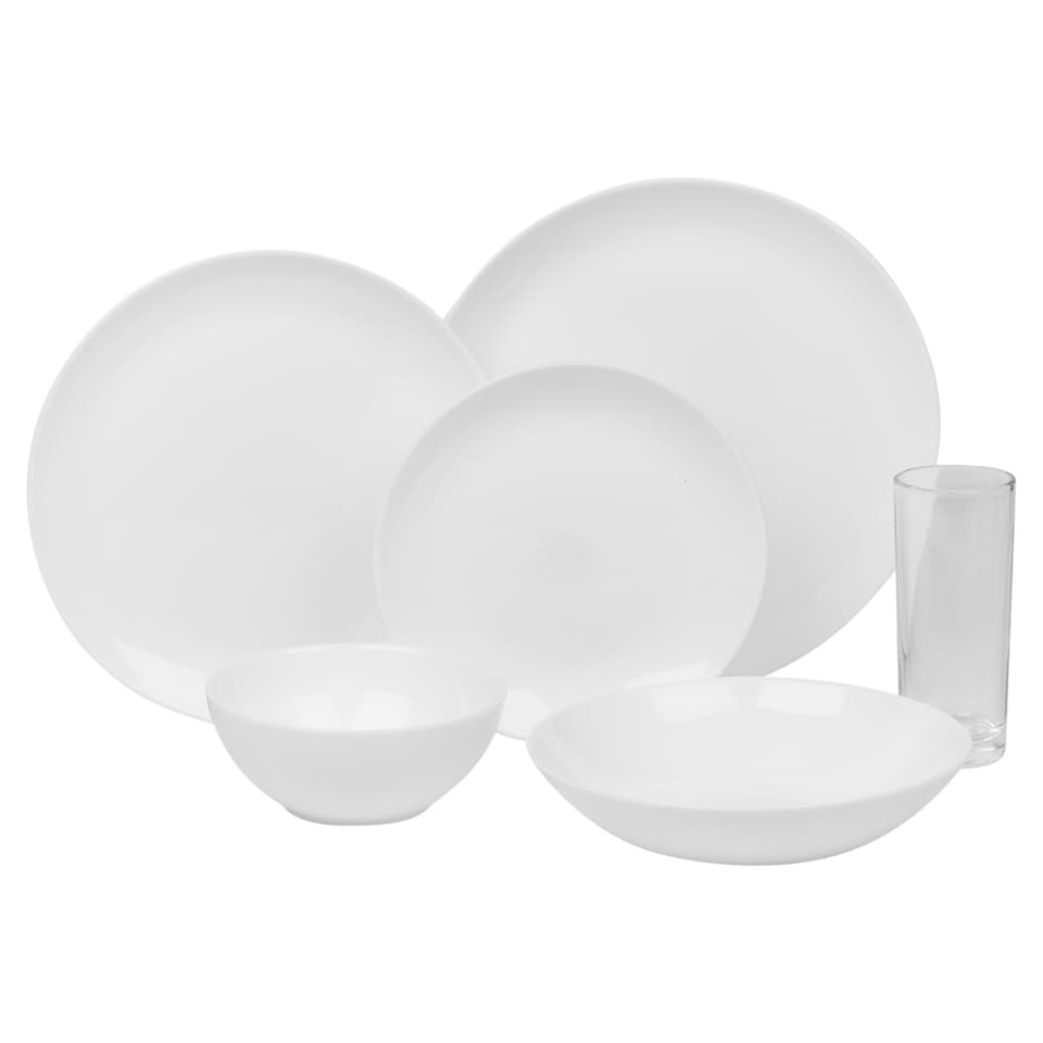 image 1 of White Opal Glass Dinner Set Plates Soup Bowls Dinnerware | White | Luna - Breakfast & Dinner - 24 Pcs | 24
