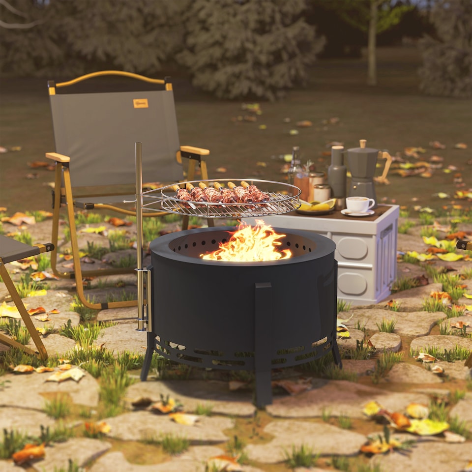 image 1 of Outsunny Portable Fire Pit, 58 cm Round Firepit with Grill Grate, Black