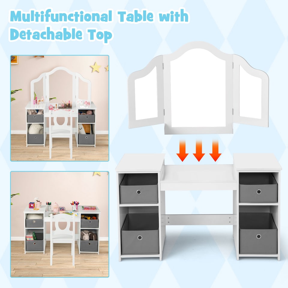 image 1 of COSTWAY Kids Vanity Desk & Chair 2 in 1 Makeup Pretend White