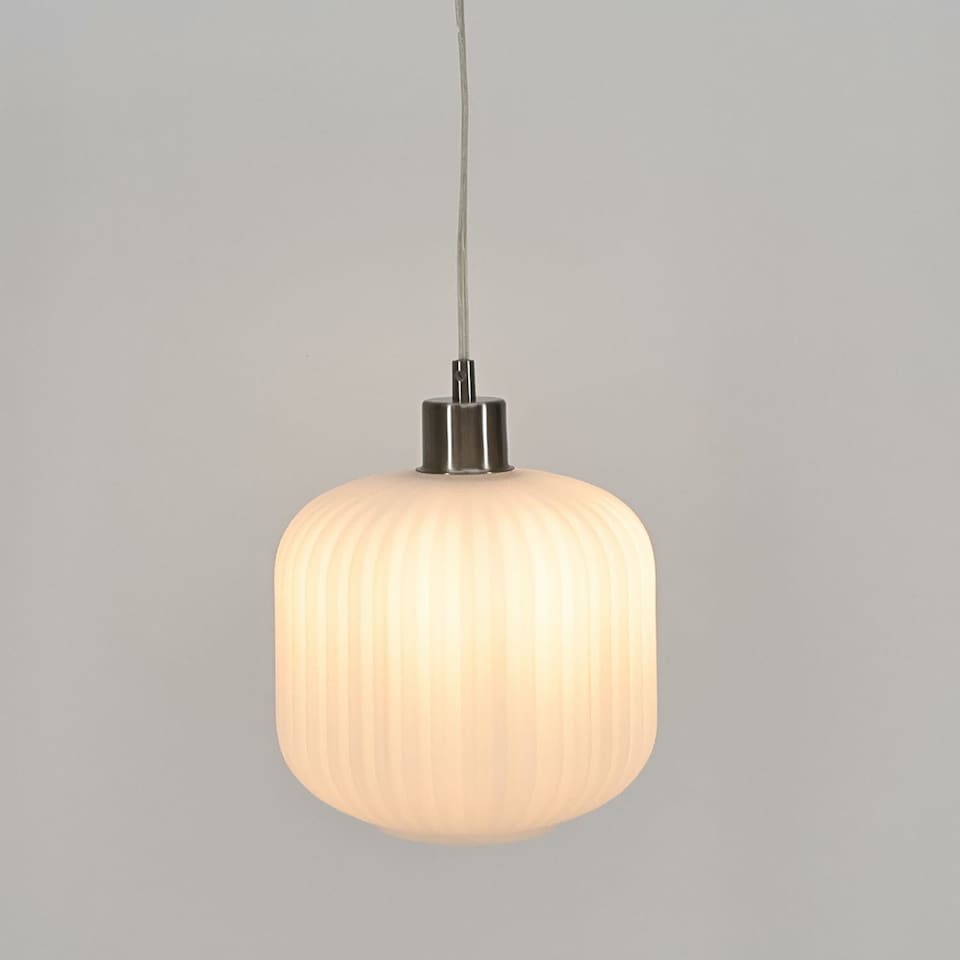 image 1 of Set of 2 Bento - White Ribbed Glass with Satin Nickel Pendant Fittings | Chrome | White | 2