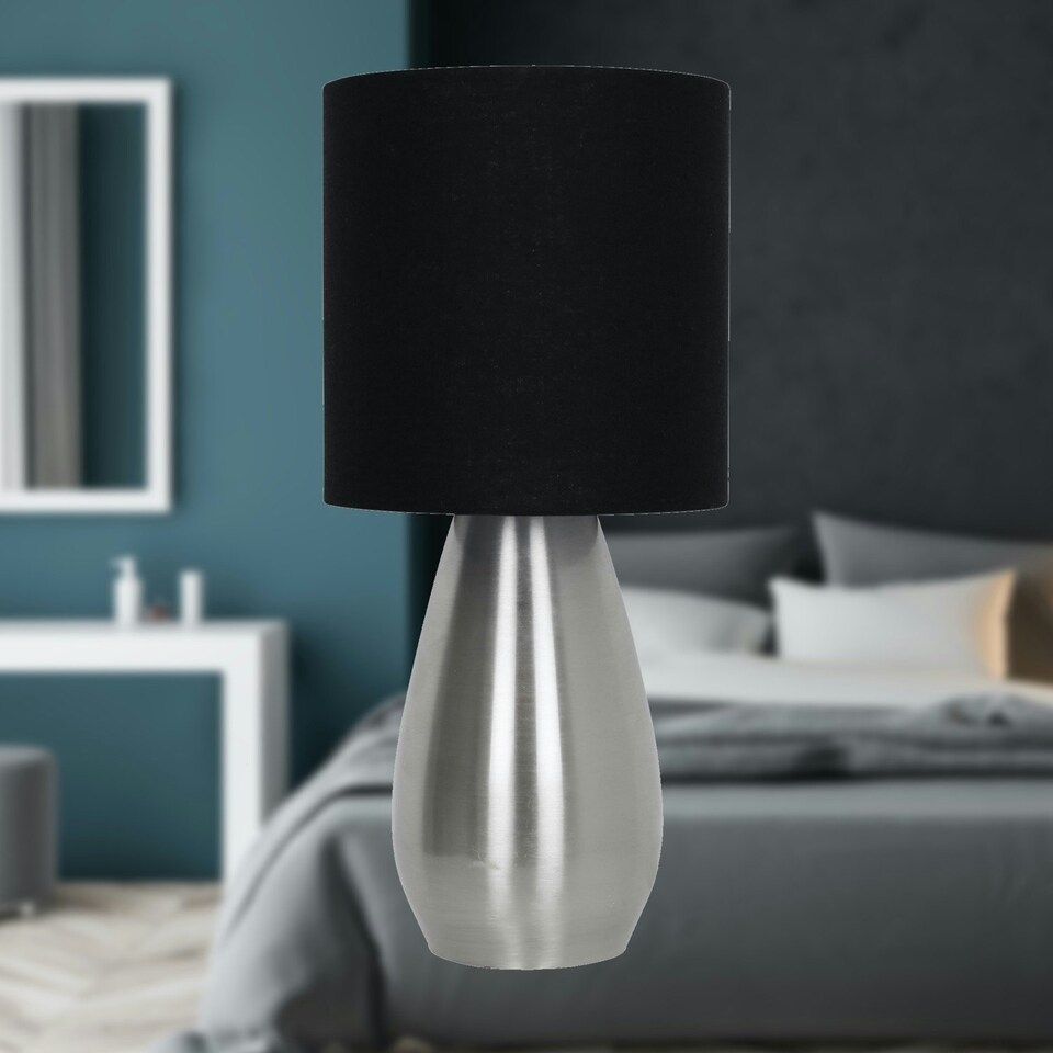 image 1 of First Choice Lighting Bullet Satin Nickel Touch Table Lamp with Black Fabric Shade Silver | Black