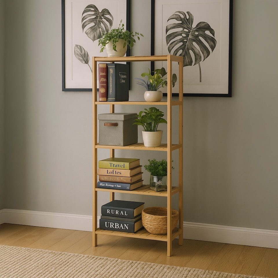 image 1 of Neo 5 Tier Bamboo Storage Shelf Shelves Rack Adjustable | Brown | Natural Wood