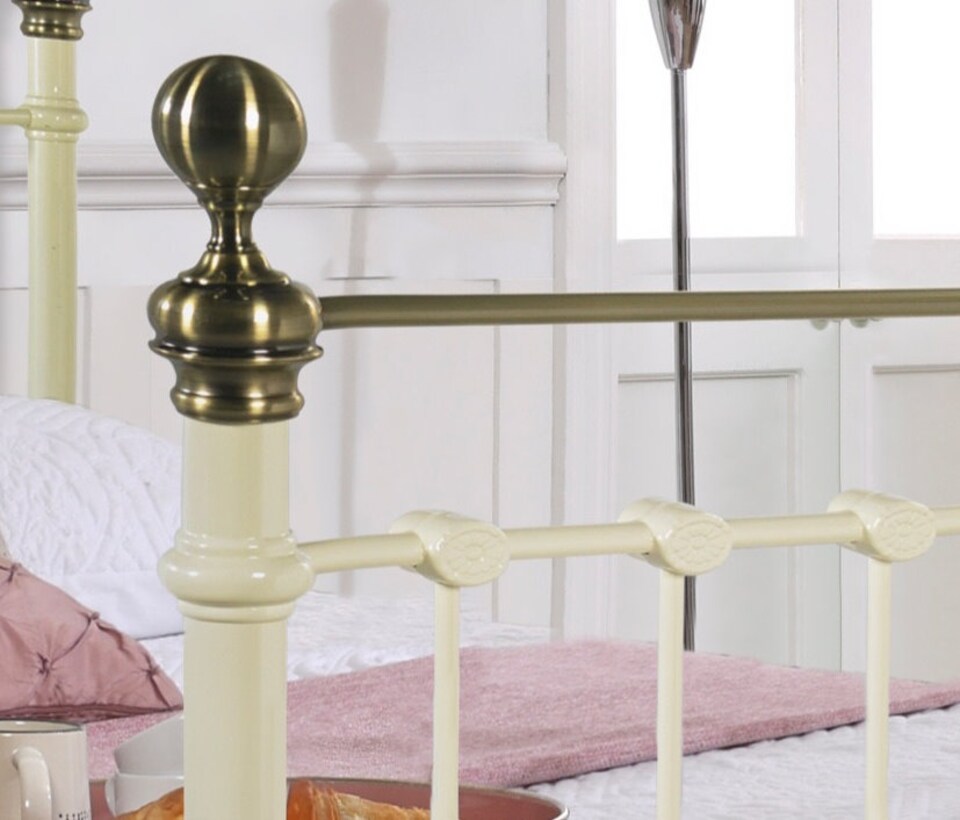 image 1 of 5ft King Size Brass Finish,Ivory Cream,Traditional Antique Victorian Metal Bed Frame | Cream | Antique Brass & Ivory Cream | King