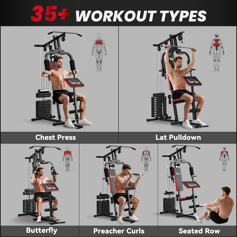 image 1 of HOMCOM Multi Home Gym Machine with 66kg Weights for Strength Training, Red