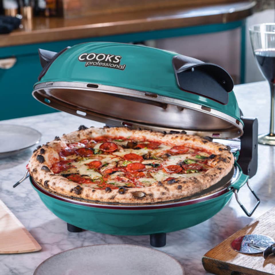 image 1 of Cooks Professional Electric Pizza Oven Set with Board, Paddles, Baking Sheet & Cutter | Blue | Teal