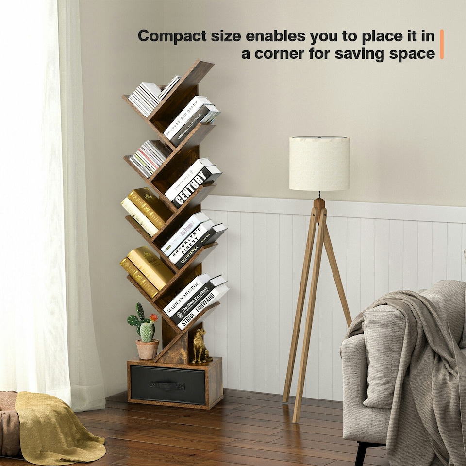 image 1 of COSTWAY 10 Tiers Bookshelf Display Bookcase with Drawer Brown Brown