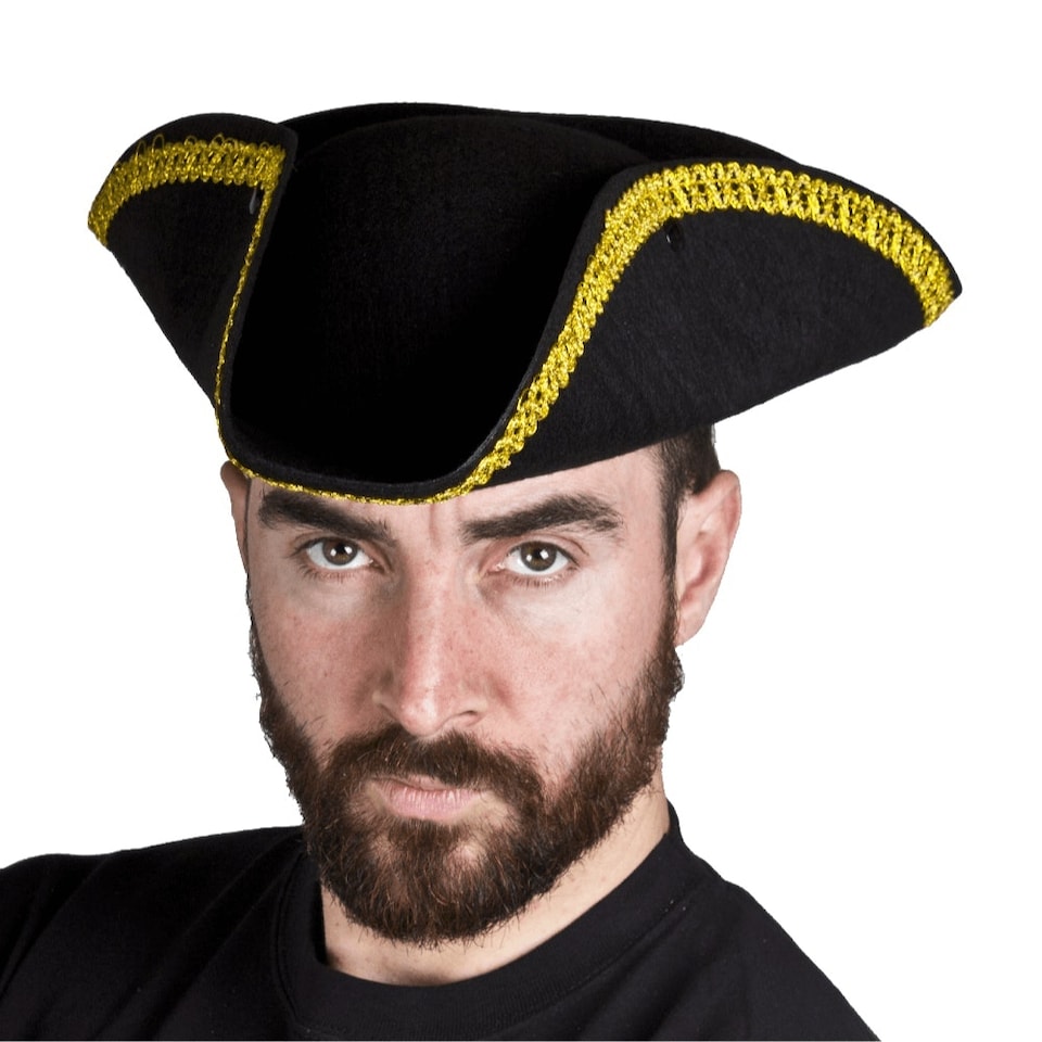 image 1 of Adult Tricorn Hat with Gold Trim 58cm – Pirate Colonial Fancy Dress Hat N/A | One Size