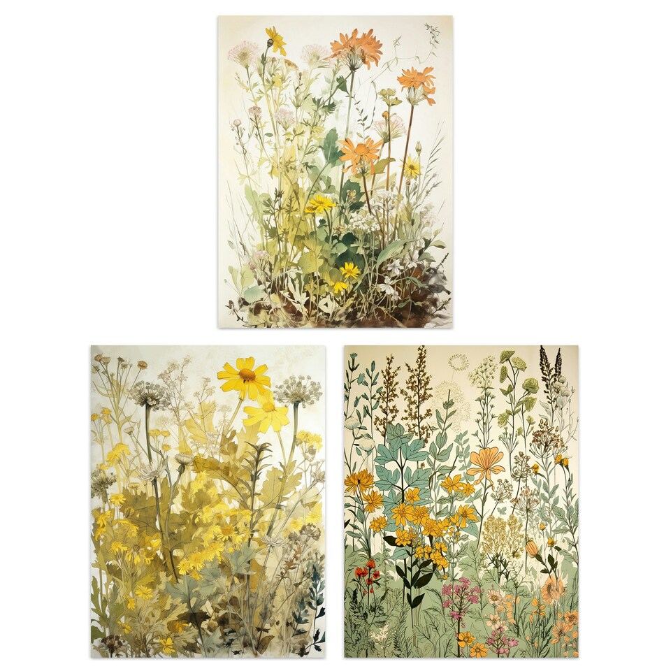 image 1 of Set of 3 Wildflowers Vintage Pastel Floral Artwork Spring Flower Meadow Wall Art Living Room Prints 12x16 Inch