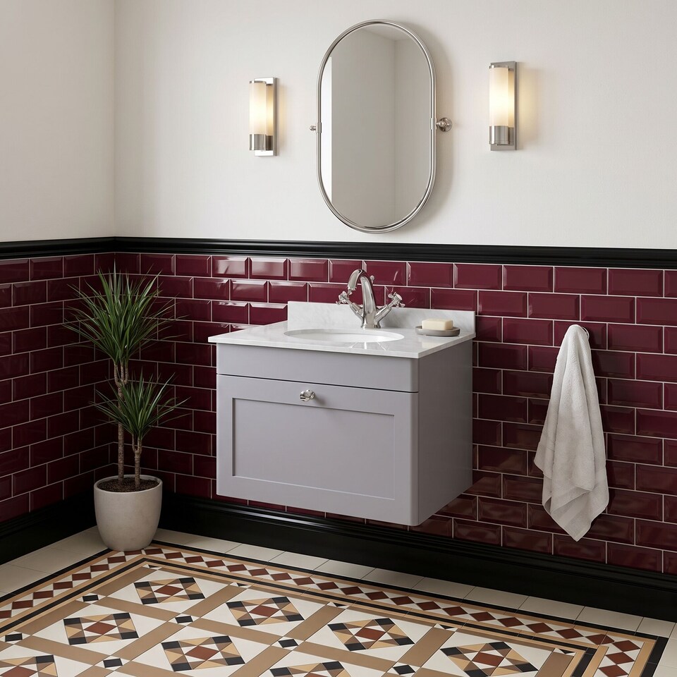image 1 of Balterley Swynnerton Traditional 1 Drawer Wall Hung Vanity Unit with Marble Basin, Satin Grey, 600mm