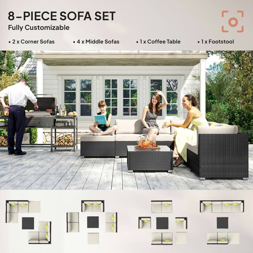 image 1 of Outsunny 8pc Rattan Sofa Garden Furniture Aluminium Outdoor Patio Set Black