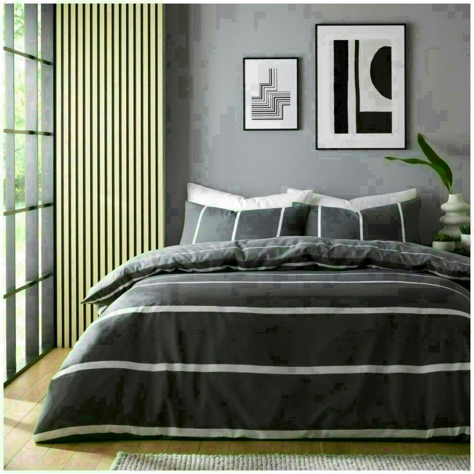 image 1 of Harris Striped Duvet Cover Set Reversible Polycotton Beddings Grey | Double