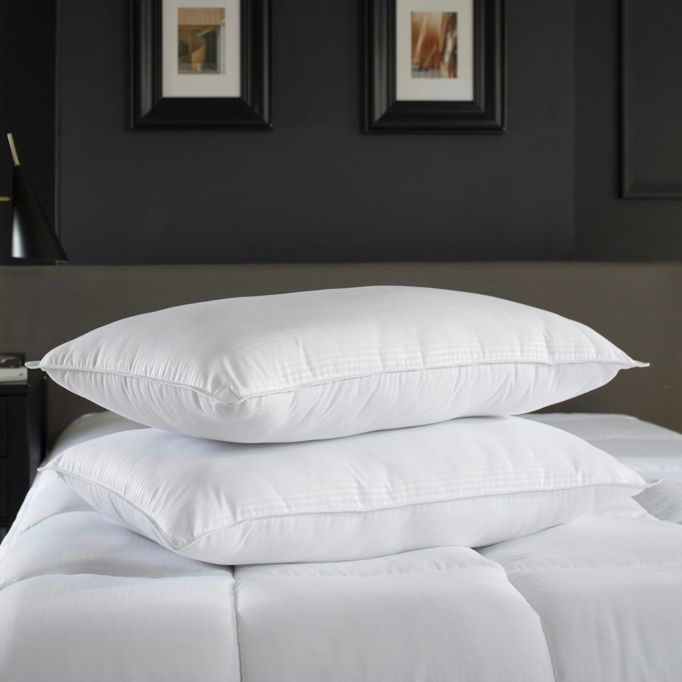 image 1 of Premium Hotel Pillow Pair - Microfibre Satin Stripe Case - Denier Filled - 48 x 74cm | White | White | 48 x 74cm | 2
