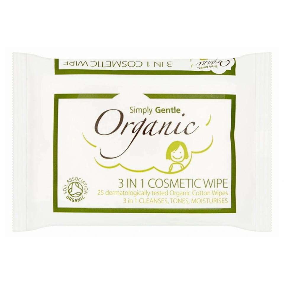 Organic 3 in 1 Cosmetic Wipe, 25 Wipes (Simply Gentle)