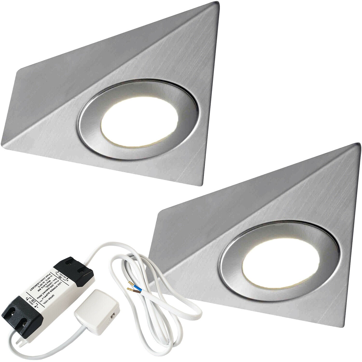 Loops 2x BRUSHED NICKEL Pyramid Surface Under Cabinet Kitchen Light & Driver Kit - Natural White LED in Metallics