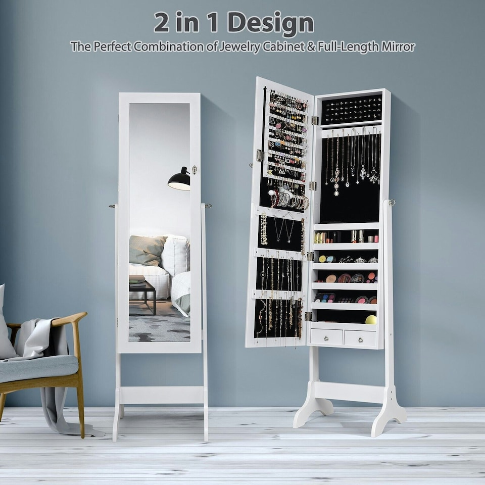 image 1 of COSTWAY Freestanding Jewelry Cabinet Lockable Armoire w/Mirror White