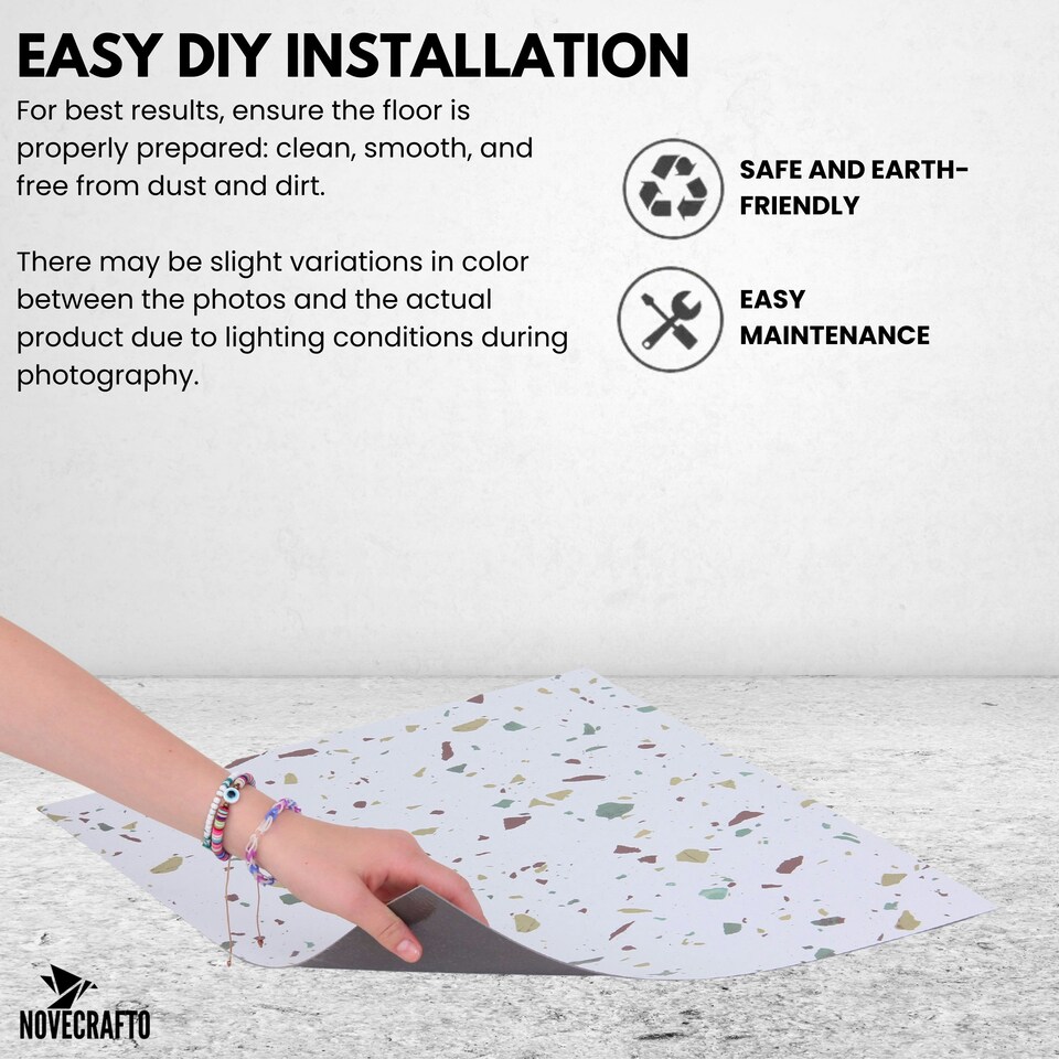 image 1 of NOVECRAFTO Vinyl Floor Tiles Self Adhesive – 18x18in Peel and Stick Large Square Flooring for Kitchen, Bathroom & Living Room – White Grey Terrazzo Effect White | 6.27 sqm
