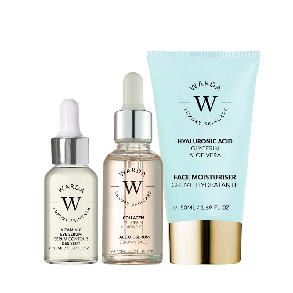 image 1 of Warda Luxury Skincare Skin Glow Boost Vitamin C Eye Serum 15ml + Collagen Skin Lifter Boost Oil Serum 30ml + Skin Hydration Boost Hyaluronic Acid Moisturiser 50ml